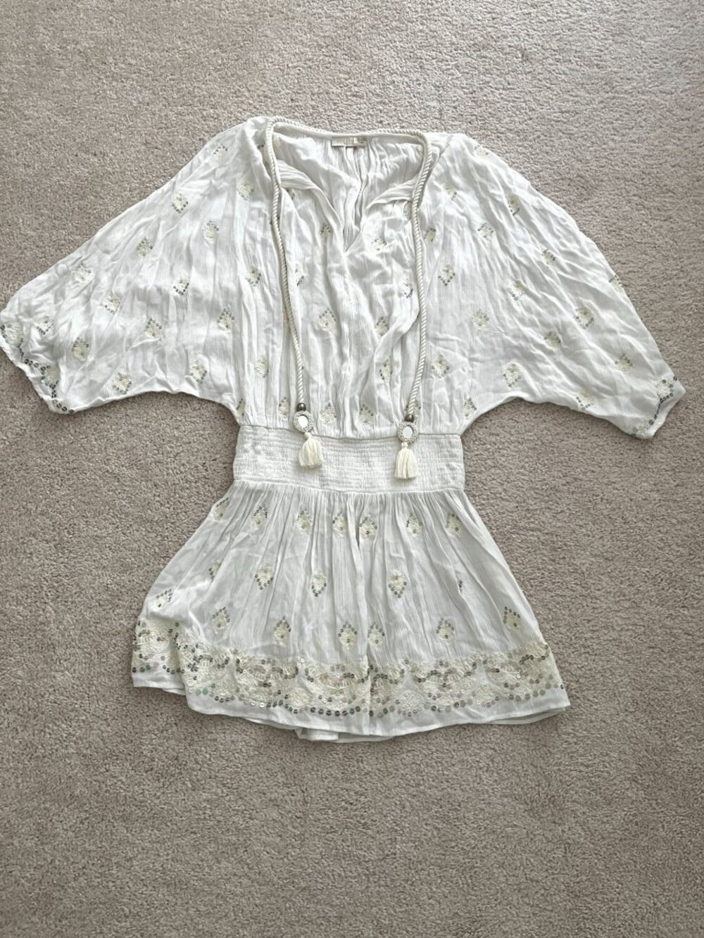 NWOT Ramy Brook White Sequin Embroidered Boho Summer Dress Mini Swim Cover Up XS